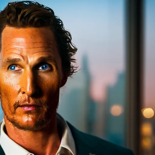 Prompt: a still of matthew mcconaughey . Shallow depth of field. City at night in background, lights, colors ,studio lighting, mood, 4K. Profession photography