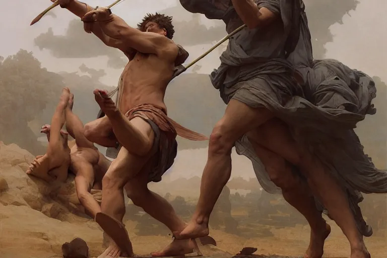 Image similar to ancient historically accurate depiction of the Bible duel bettween the shepherd boy david and Goliath of Gath, the Philistine warrior giant, by frank miller, illustration by Ruan Jia and Mandy Jurgens and William-Adolphe Bouguereau, Artgerm, 4k, digital art, surreal, space dandy style, highly detailed, godsend, artstation, digital painting, concept art, smooth, sharp focus, illustration by Ruan Jia and Mandy Jurgens and William-Adolphe Bouguereau, Artgerm