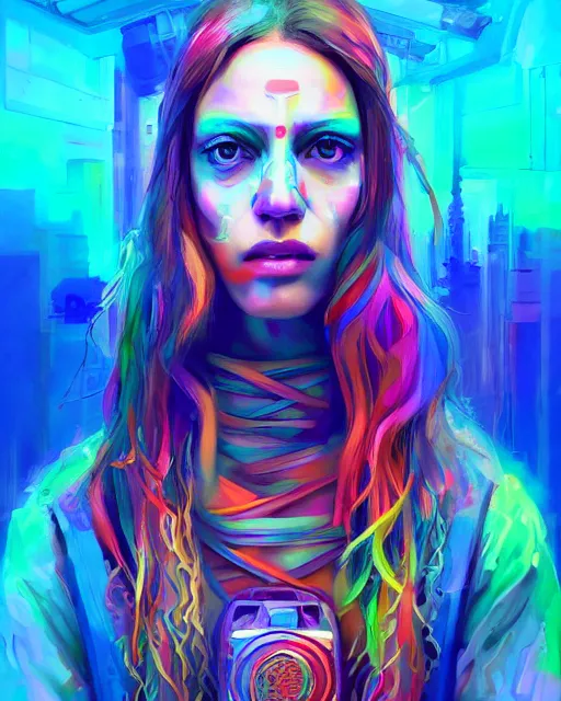 Prompt: colorful portrait of a hippie, set in the future 2 1 5 0 | highly detailed | very intricate | symmetrical | professional model | cinematic lighting | award - winning | painted by mandy jurgens and ross tran | pan futurism, dystopian, bold psychedelic colors, cyberpunk, groovy vibe, anime aesthestic | featured on artstation