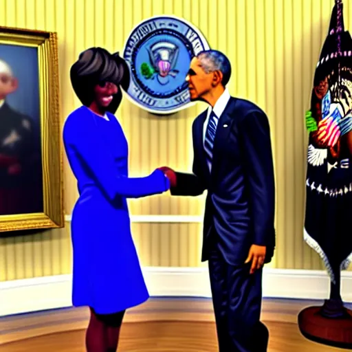 Image similar to hololive vtuber amelia watson finally shakes hands with her hero, barack obama