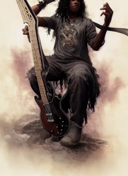 Image similar to fantasy changeling black kid with long curly hair playing electric guitar, half half, dim light, front game card, marvel comics, dark, intricate, highly detailed, smooth, artstation, digital illustration by ruan jia and mandy jurgens and artgerm and wayne barlowe and greg rutkowski and zdislav beksinski