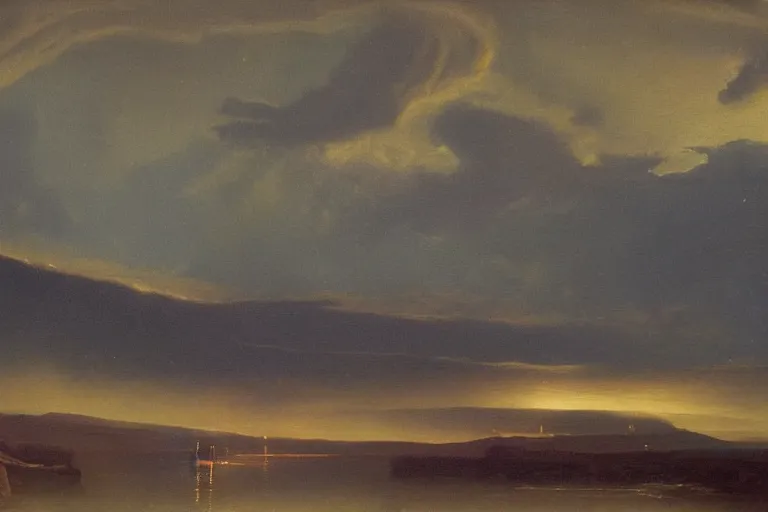 Image similar to sci-fi landscape, dramatic lighting, hudson river school painting, cinematic