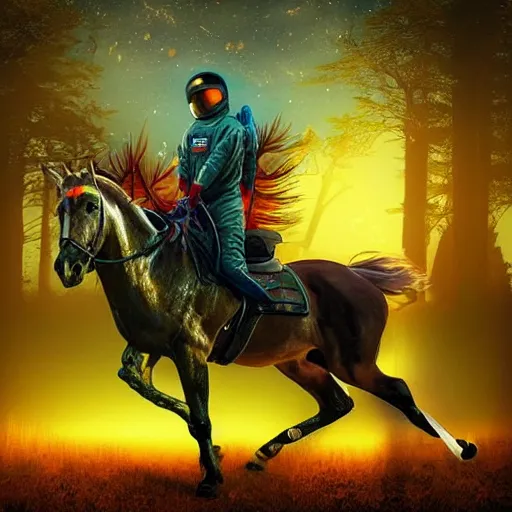 Prompt: arrows struck astronaut riding a horse in a fantasy forest, landscape, morning ambience, cinematic, digital art, front lit, epic, cinematic