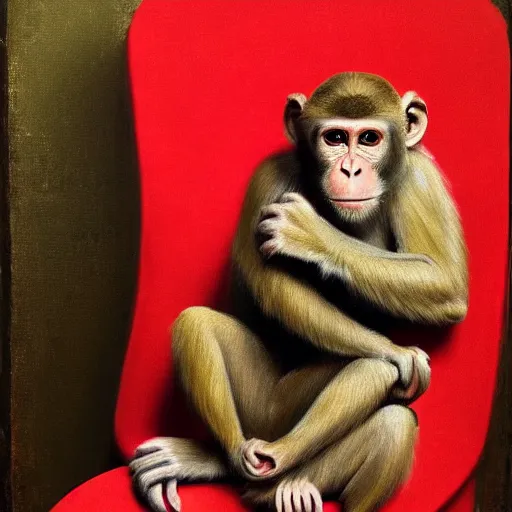 Prompt: renaissance painting of a monkey wearing a suit sitting in a red chair, smoke, dramatic