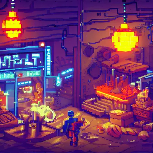 Image similar to fantastic lighting, pixel art, high detail , 16 bits, cyberpunk market, 2d