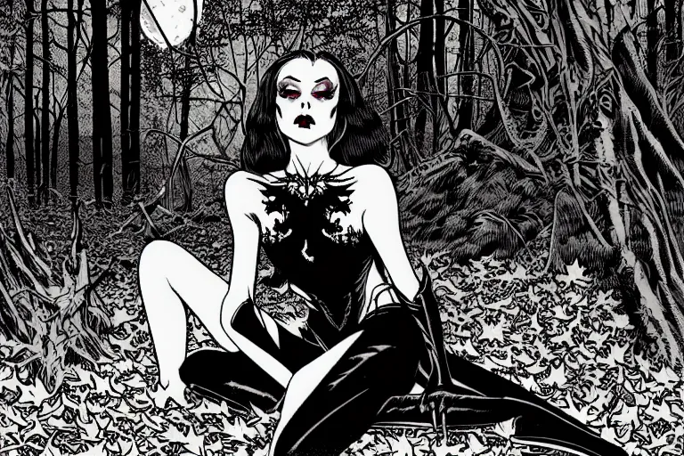 Prompt: a stunning vampiress sitting in an autumn forest, fantasy graphic novel style, by wendy pini and virgil finlay, intricate, vivid gradient colors, very fine inking lines, extremely detailed, 4k, hd