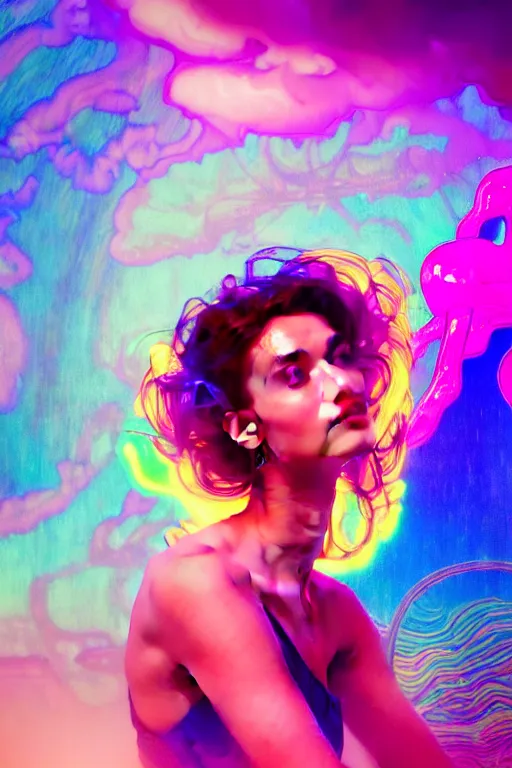 Image similar to a gorgeous woman surrounded by colorful liquid clouds and neon smoke, extremely detailed, in a psychedelic experience, psilocybin, dmt, lsd, face, highly detailed, artstation, alphonse mucha, hana yata, and artem demura and beeple, octane render, unreal engine, 8 k