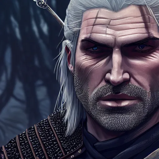 Prompt: a highly detailed close up portait of witcher Geralt of Rivia ((geralt of rivia)) in the dark burning forest by studio ghibli, Makoto Shinkai, artgerm and Atey Ghailan, Goro Fujita, 4K, highly detailed, inspired by dark souls ((vibrant but dreary brown, blue and black color scheme))