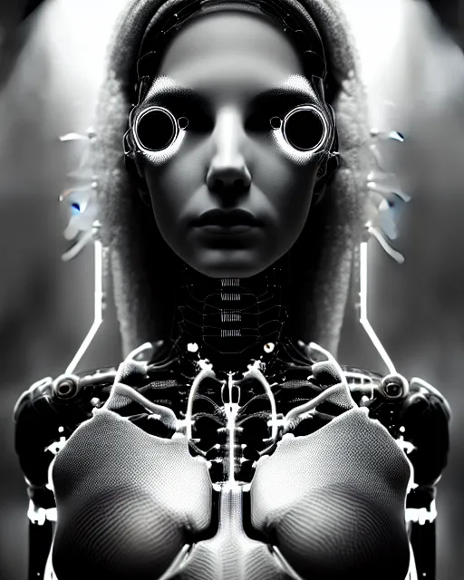 Image similar to black and white cyborg goddess high quality portrait, artificial intelligence, bio-mechanical bio-luminescence, artificial spider web, neurons, nerve cells, octane render, cinematic, hyper realism, high detail, 8k, in the style of Steven Meisel