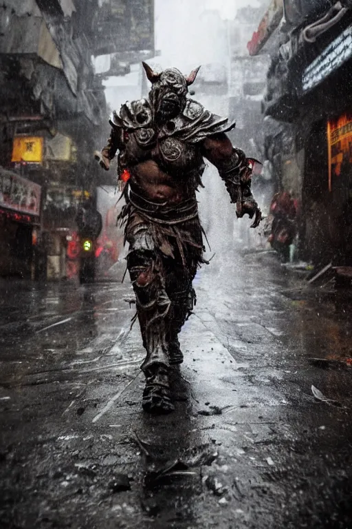 Prompt: a dynamic photograph of a orc warrior in a wet, dystopic Hong Kong bladerunner street. Realism.