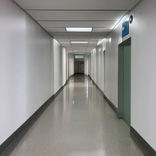 Image similar to liminal space of a hospital, long hallway, exit sign at the end, white walls, white tiles