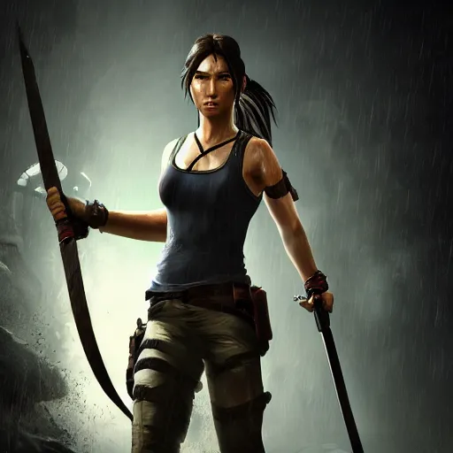 Prompt: Lara croft as samurai , wet face , heavy rain, dirt face ,dramatic, intricate, highly detailed, concept art, smooth, sharp focus, illustration, Unreal Engine 5, 8K