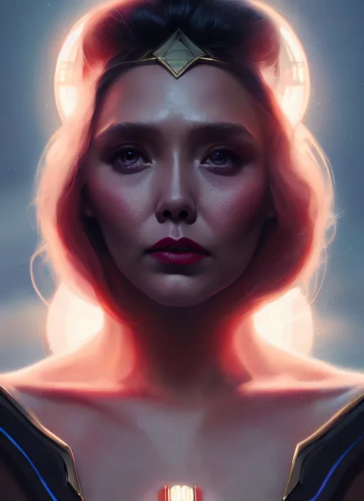 Image similar to portrait of modern darna, elizabeth olsen, intricate, elegant, glowing lights, highly detailed, digital painting, artstation, glamor pose, concept art, smooth, sharp focus, illustration, art by wlop, mars ravelo and greg rutkowski