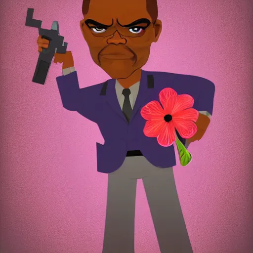 Image similar to a stylized cartoon of samuel l jackson with a pink flower in his hand