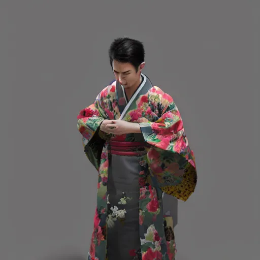 Image similar to Japanese Emmanuel Proulx wearing kimono, realistic, photo studio, HDR, 8k, trending on artstation