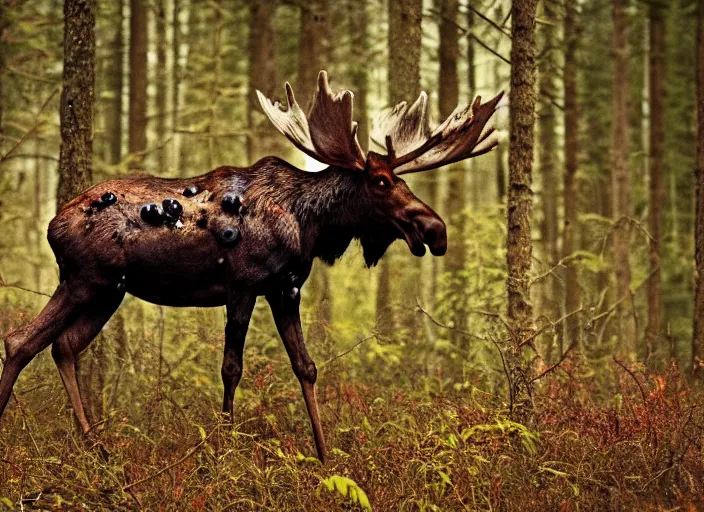 Image similar to an award winning photo of an! undead!!! zombie!! moose with red eyes, full body portrait, decay, mold, evening!! in the forest, 4 k, wildlife photography, high quality, national geographic