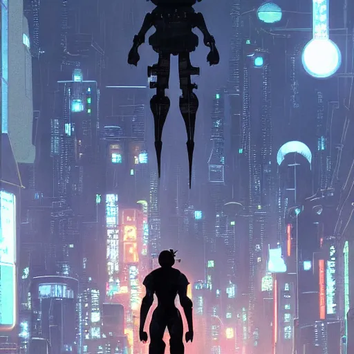 Prompt: Iron Giant in future japan at night, concept art, fine details, studio ghibli, cinematic lighting, ghost-in-the-shell, cyberpunk,sci-fi, fantasy, intricate, elegant, highly detailed, digital painting, trending on artstation, concept art, smooth, sharp focus, illustration, by james gurney and greg rutkowski