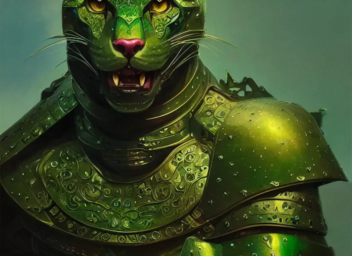 Image similar to portrait of a green panther, d & d, armour! fantasy, intricate, elegant, highly detailed, digital painting, artstation, concept art, smooth, sharp focus, illustration, art by artgerm and greg rutkowski and alphonse mucha