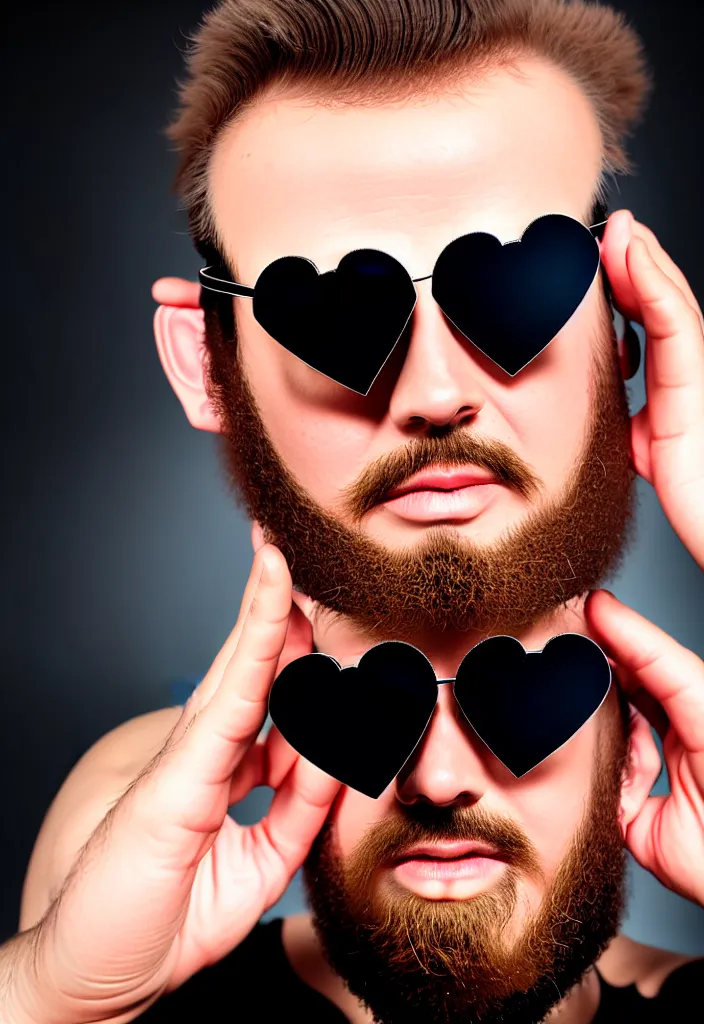 Prompt: ion man wearing heart - shaped sunglasses and with atomic halo over his head, determined facial expression, strong facial features, beard, studio portrait, studio lighting