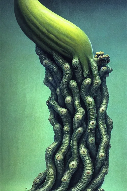 Image similar to cosmic horrors on my giant banana, close up of a banana, by zdzislaw beksinski, by dariusz zawadzki, by wayne barlowe, gothic, surrealism, cosmic horror, lovecraftian, cold hue's, warm tone gradient background, concept art, beautiful composition