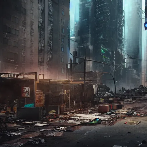 Prompt: photo of new york city as an apocalyptic wasteland, homeless people, cyberpunk style, octane render