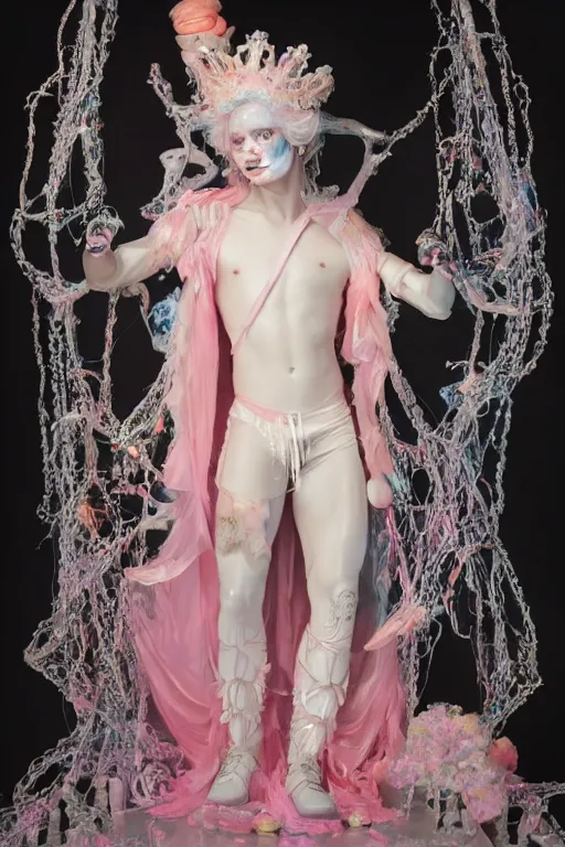 Image similar to full-body rococo and cyberpunk delicate neon crystalline sculpture of ((young muscular onyx albino Colombian prince)) as an iridescent humanoid deity wearing ((peach plastic hooded cloak)) (holding a human skull) in a white castle dungeon, reclining, glowing pink face, crown of (pink lasers), large blue diamonds, swirling black silk fabric. futuristic elements. oozing glowing liquid, full-length view. space robots. intricate artwork by caravaggio. Trending on artstation, octane render, cinematic lighting from the right, hyper realism, octane render, 8k, depth of field, 3D