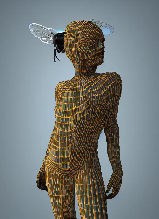 Image similar to an anthromorphic beautiful bee woman wearing striped couture made out of wax and paper and flower petals, at a fashion shoot, trending on Art Station, 3D, octane render,