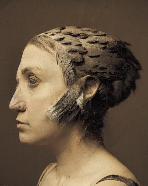 Image similar to a woman's face in profile, made of owl feathers, in the style of the dutch masters and gregory crewdson, dark and moody