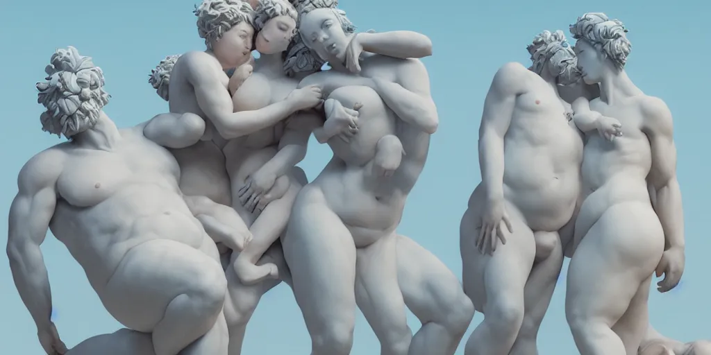 Image similar to greek sculpture of intertwined chubby bodies painted in pastel colors. artwork by James Jean and Tooth Wu and wlop and beeple and greg rutkowski and nekroxiii. octane render, cinematic, hyper realism, redshift render, 8k, depth of field, iridescent accents