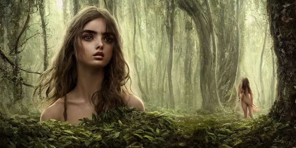 Image similar to a forest nymph in an ancient forest, ana de armas, flawless symmetrical pretty cute face, greg rutkowski, 8 k, shallow depth of field, intricate detail, concept art,