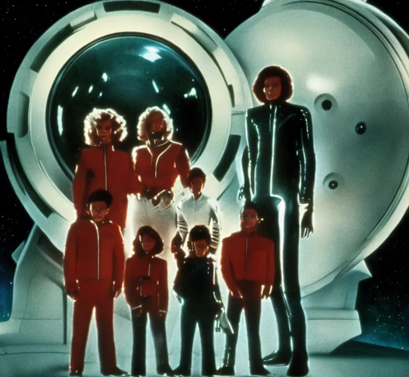 Image similar to sharp, highly detailed, film from a sci fi movie, set in 1 9 8 4, a family standing in front of their spaceship that has just landed on an alien planet, all wearing 1 9 8 4 clothes, atmospheric lighting, in focus, reflective eyes, 3 5 mm macro lens, live action, nice composition