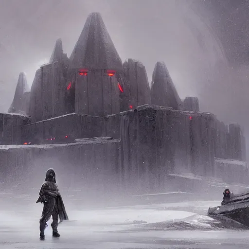 Image similar to star wars concept art by greg rutkowski, a brutalist - looking and imposing temple in the middle of a snowy, dark and hostile landscape, strong blizzards, poor lighting, evil atmosphere, artstation hq.