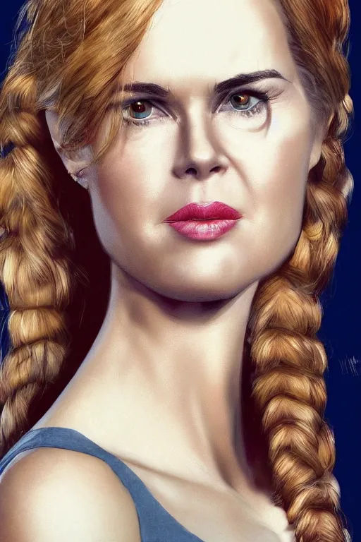 Image similar to mix of beautiful young maria shriver, mariel hemmingway, brooke shields, nicole kidman and elle macpherson as an alien creature, thin lips, hair tied up in a pony tail, dark blonde hair, colorful, artstation, cgsociety