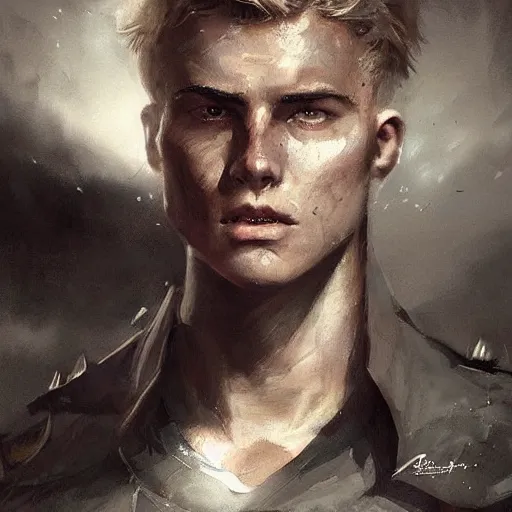 Prompt: Portrait of a devil by Greg Rutkowski, he is about 20 years old, norwegian, short blond hair, young, manly, attractive, strong, older brother vibes, he is wearing futuristic military fatigues, highly detailed portrait, scifi, digital painting, artstation, concept art, smooth, sharp foccus ilustration, Artstation HQ
