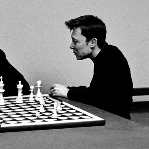 Prompt: elon musk playing chess with zdzisław beksinski