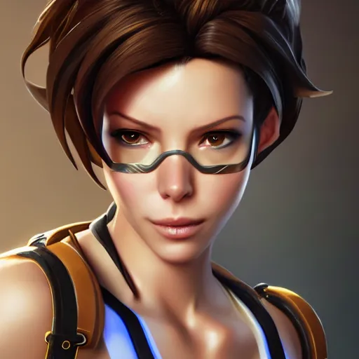 Image similar to a highly detailed portait of tracer from overwatch as kate beckinsale, digital art, pretty face, muscular, very beautiful face, very detailed eyes, 8 k resolution, digital painting, by james gurney wlop, greg rutkowski, full body