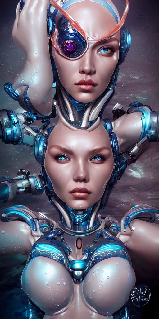 Image similar to portrait of a cyborg siren underwater with biomechanichal parts by Artgerm, highly detailed, trending on artstation