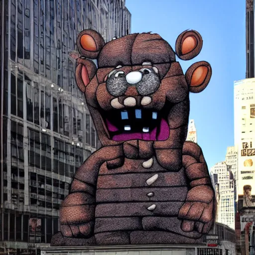 Image similar to giant Freddy Fazbear head in New York hyper realistic photo
