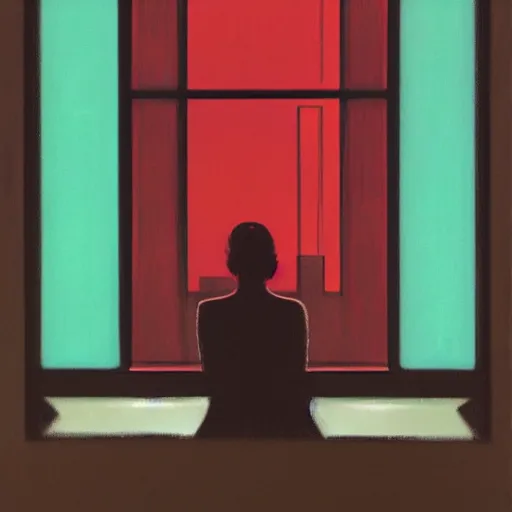 Image similar to silhouette of a woman gazing out the window of her hotel room, rainy night, neon lighting, extremely detailed masterpiece, by Edward Hopper