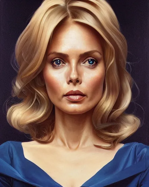 Prompt: portrait of a blonde fuller figured barbara bach from the bond film wearing a dark blue jumpsuit and eating ice creams in porto, real life skin, intricate, elegant, highly detailed, artstation, concept art, smooth, sharp focus, art by artgerm and greg rutkowski and alphonse mucha