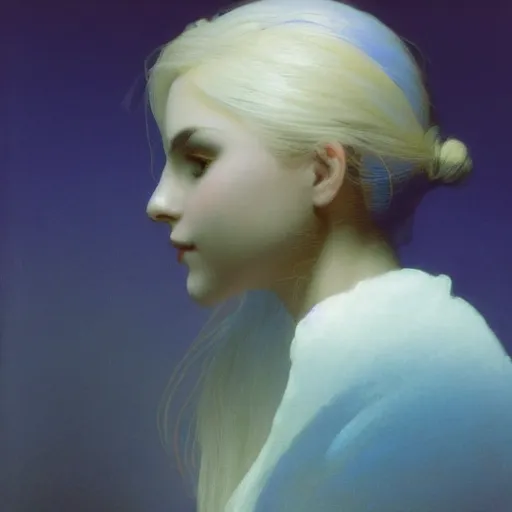 Prompt: a young woman's face, her hair is silver white and she wears an indigo blue satin cloak, by ivan aivazovsky and syd mead and moebius and gaston bussiere and roger dean and pieter claesz and paul delaroche and alma tadema and aelbert cuyp and glenn fabry, hyperrealistic, volumetric light, octane render