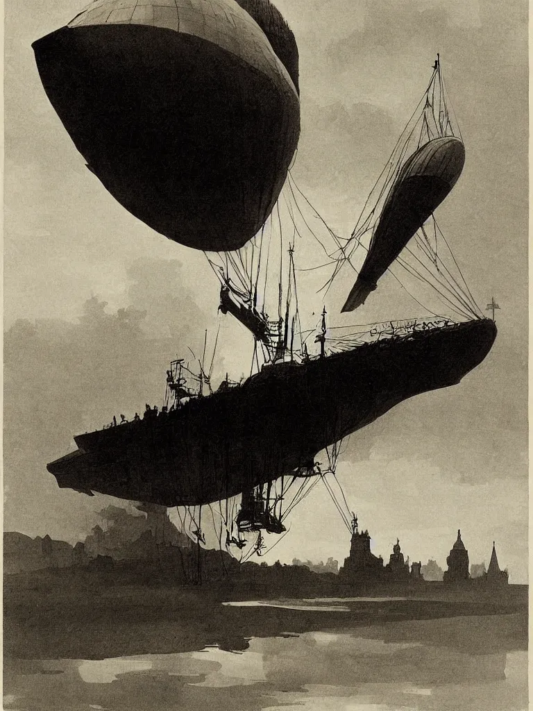 Image similar to a large dieselpunk airship standing over a white church in russia in 1 9 1 0, by winslow homer