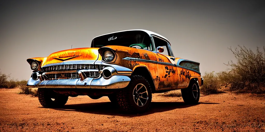 Image similar to rusty 1957 Chevrolet Bel Air, off-road, lifted, 4x4, K10, trophy truck, cinematic, Maxxis, 8k, depth of field, mexican desert, bokeh, DAKAR.