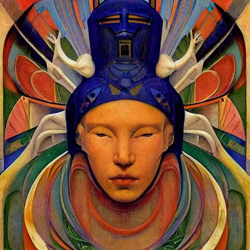 Image similar to the robot queen with her bird mask, by annie swynnerton and diego rivera and elihu vedder and jean delville, symbolist, dramatic lighting, elaborate geometric ornament, head and shoulders view, art brut, soft cool colors, smooth, sharp focus, extremely detailed, adolf wolfli, leo and diane dillon, nicholas roerich