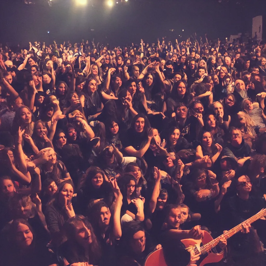 Prompt: front row at a The Front Bottoms concert, bad lighting, cell phone camera