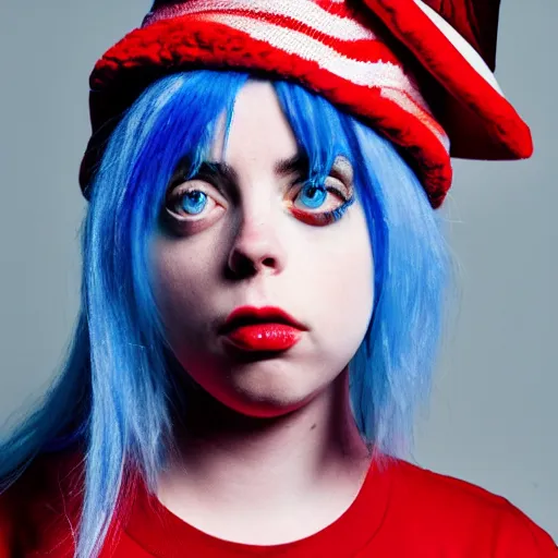 Image similar to Billie Eilish in Cat in The Hat Movie, XF IQ4, 150MP, 50mm, F1.4, ISO 200, 1/160s, natural light