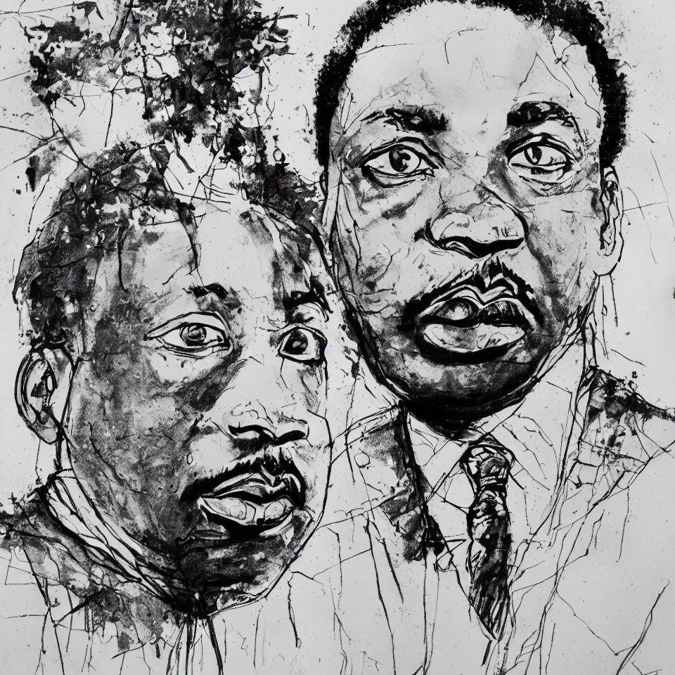 Image similar to A loose messy wild ink sketch portrait of Martin Luther King in the style of Ralph Steadman and Paul Klee, caricature, dramatic