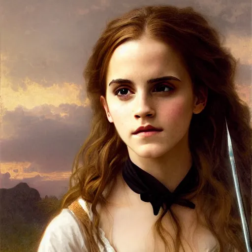 Image similar to Painting of Emma Watson as Hermione Granger. Green eyes. Art by william adolphe bouguereau. At night time. Extremely detailed. Beautiful. 4K. Award winning.