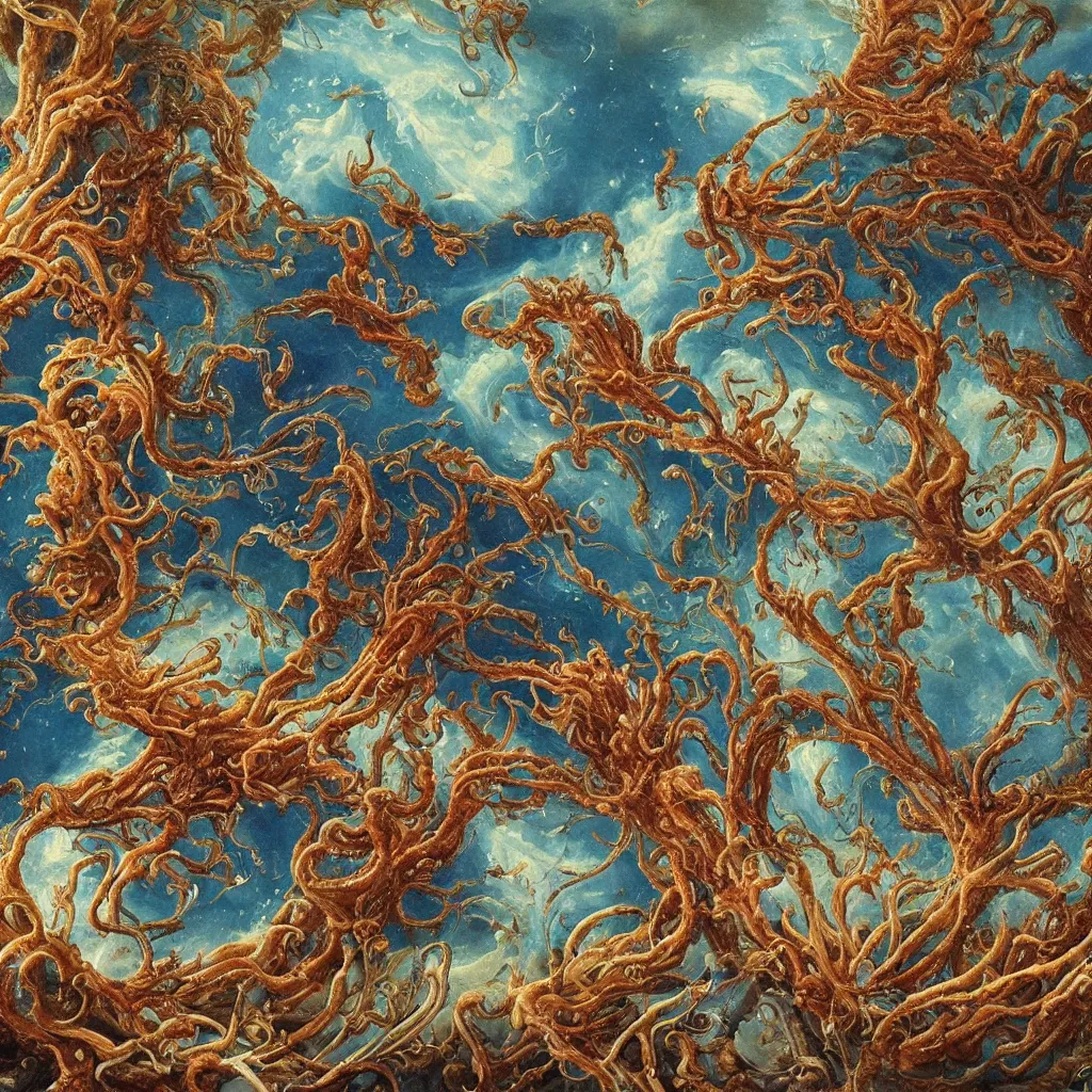 Prompt: beautiful and artistic mycelium on a fantastic planet and unusual inhabitants of the oceans, highly detailed, Allegorical Painting, Archean