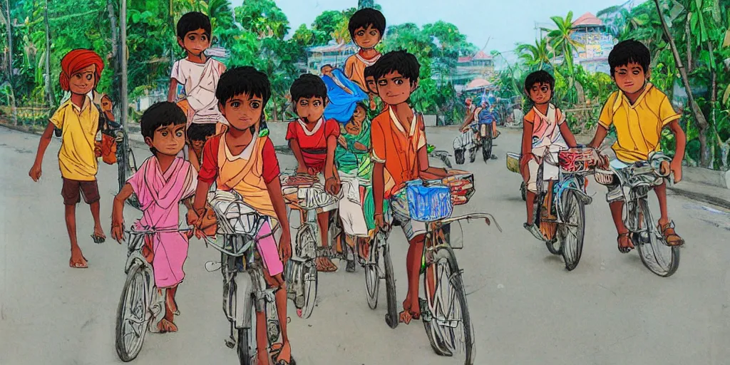 Image similar to sri lankan kids in colombo sri lanka city, drawn by hayao miyazaki